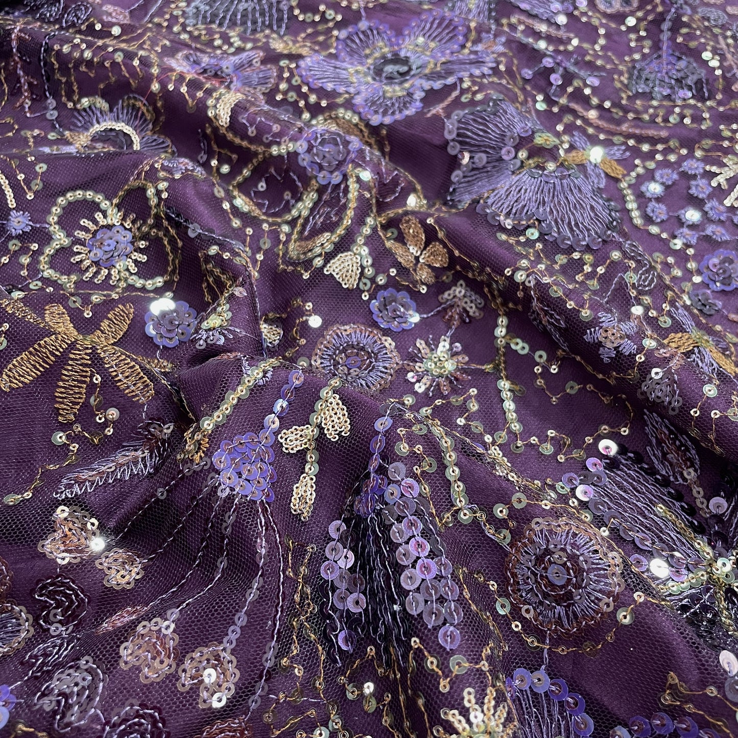 Purple & Golden Imported Sequins Embroidery Net Fabric