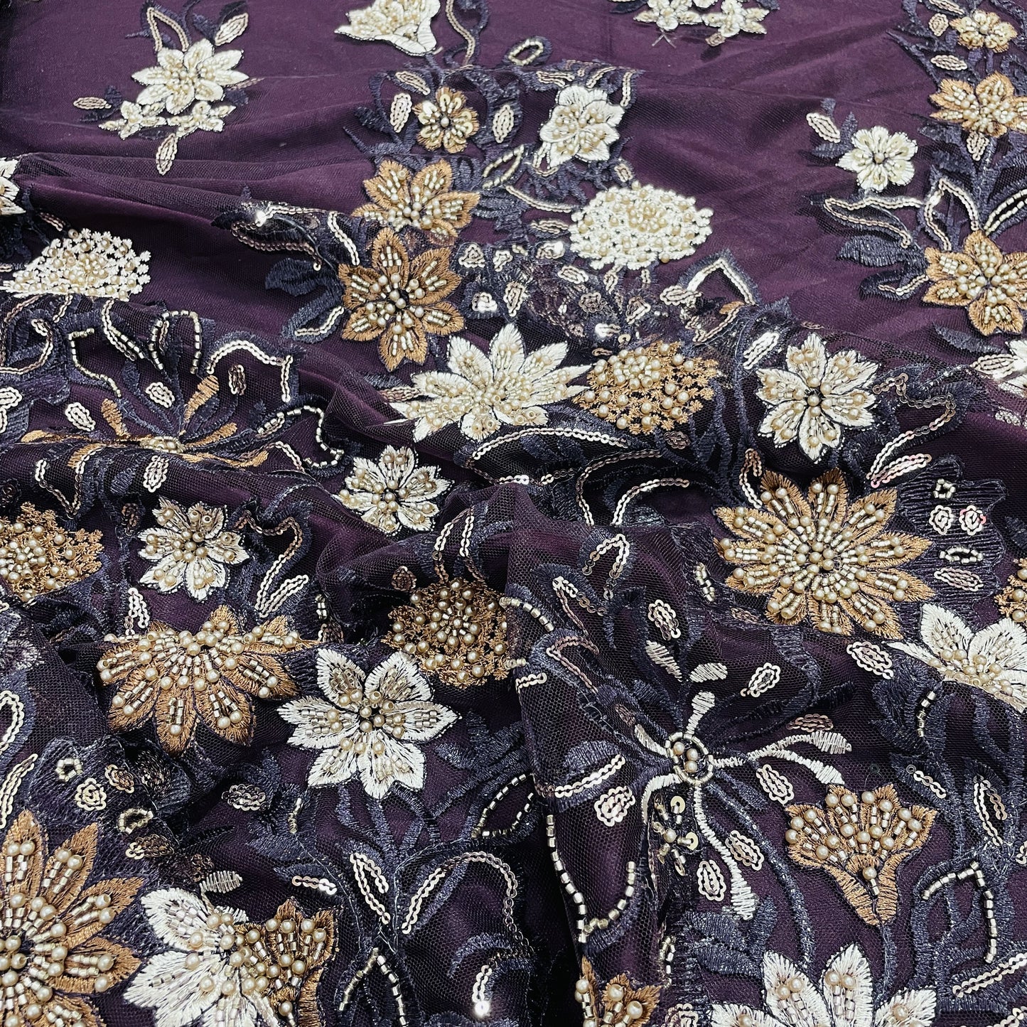 Purple Floral Pearl & Beads Imported Sequins Embroidery Net Fabric