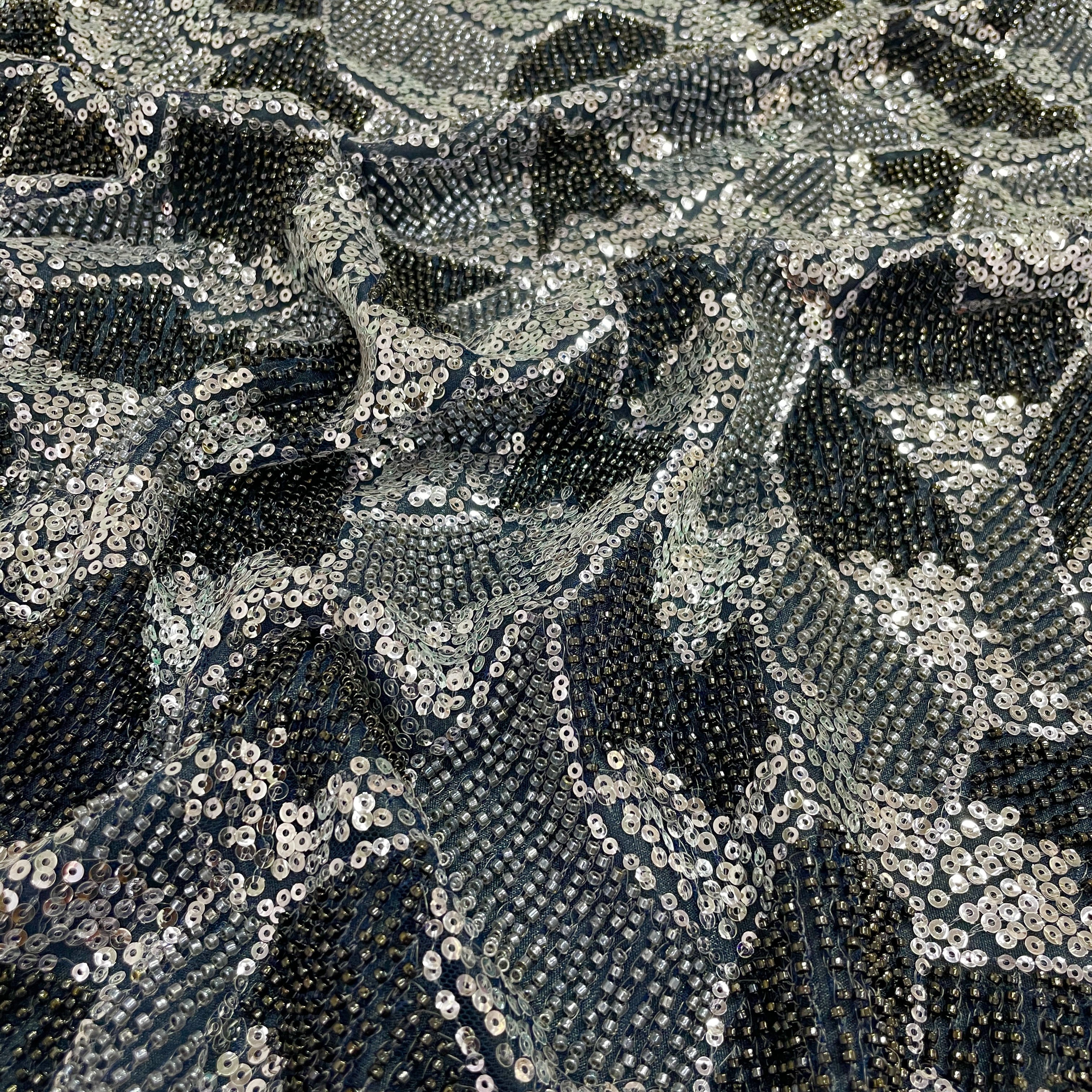 navy blue silver beads imported sequence embroidery net fabric