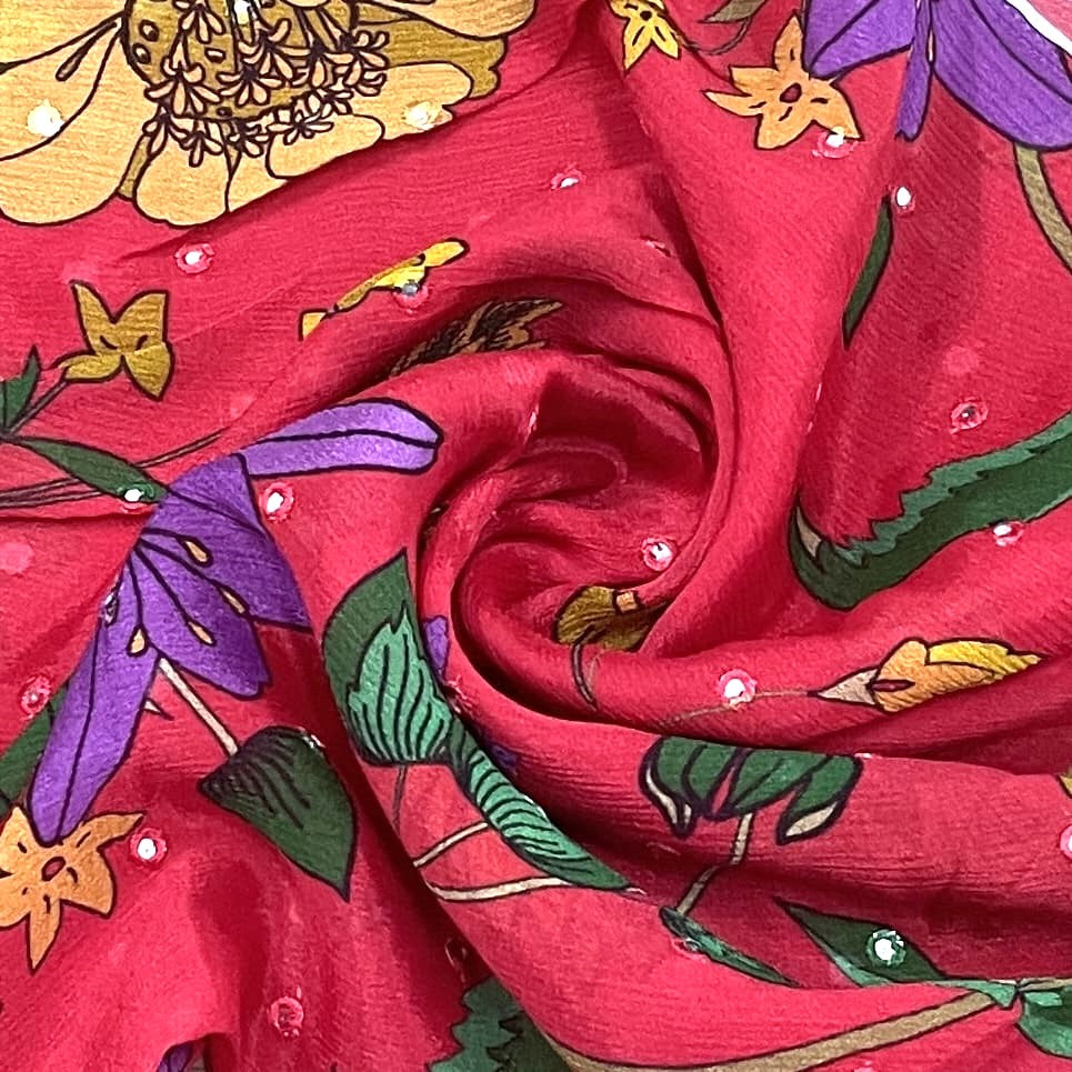 Classic Magenta Pink Multicolor Floral Mirror Embroidery Chinnon Fabric