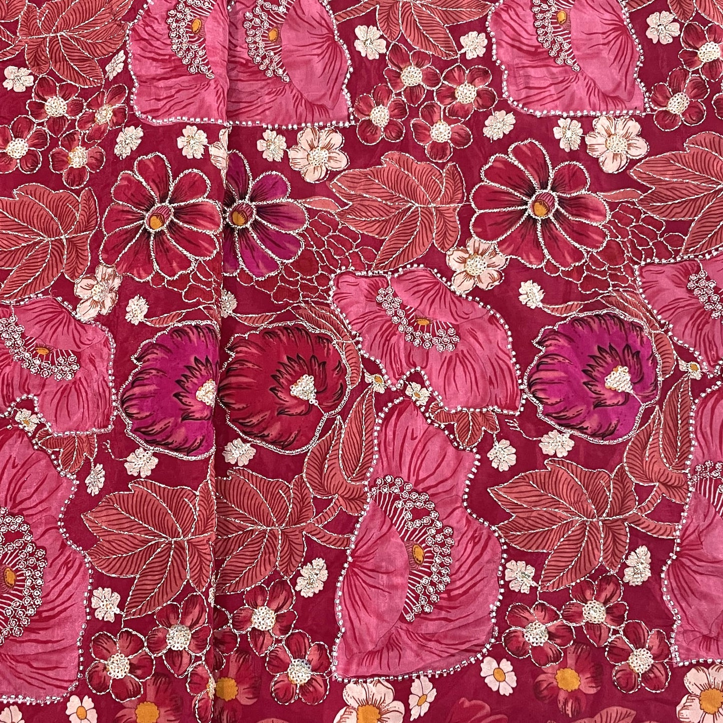 Classic Pink Multicolor Floral Sequence Pearl Embroidery Natural Crepe Fabric