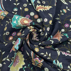 Classic Dark Brown Multicolor Floral Sequence Embroidery Dola Silk Fabric