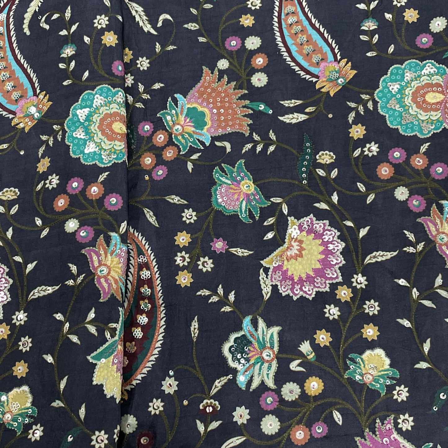 Classic Dark Brown Multicolor Floral Sequence Embroidery Dola Silk Fabric