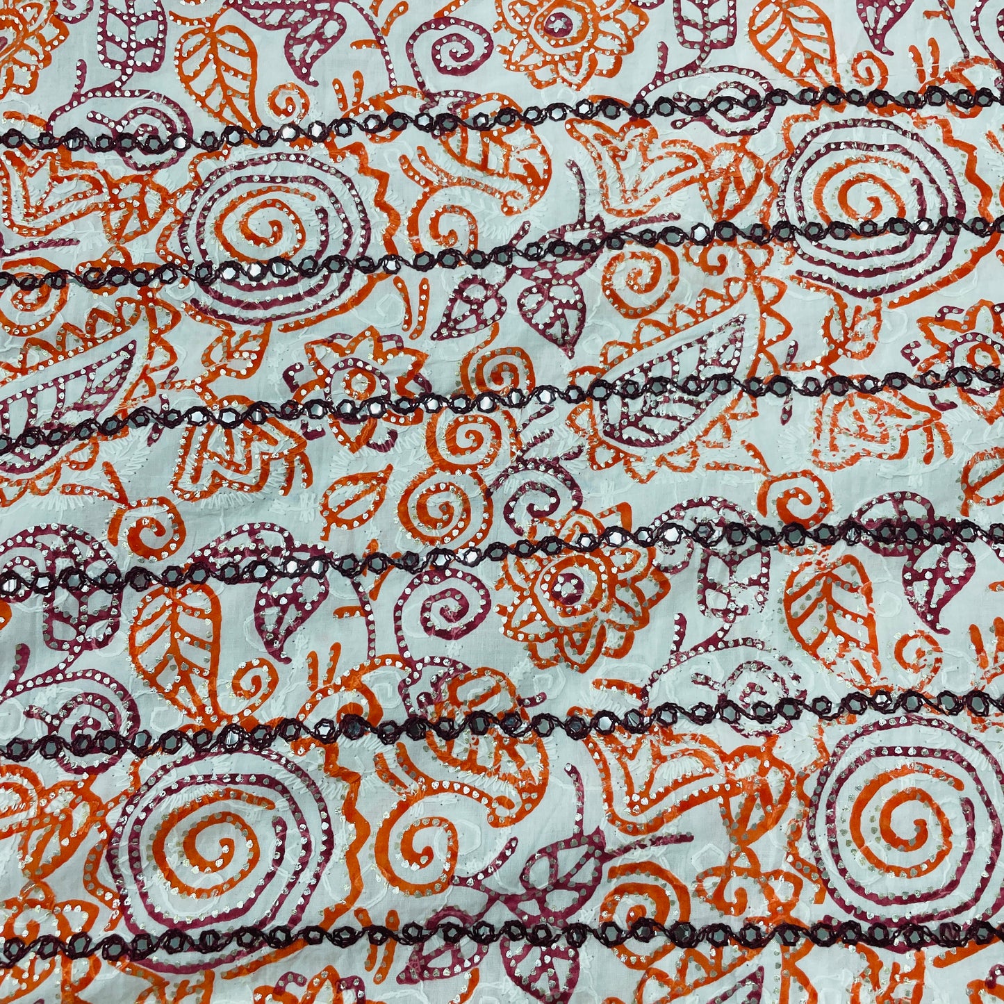 Premium Orange Floral Foil Sequence Embroidery Cotton Fabric