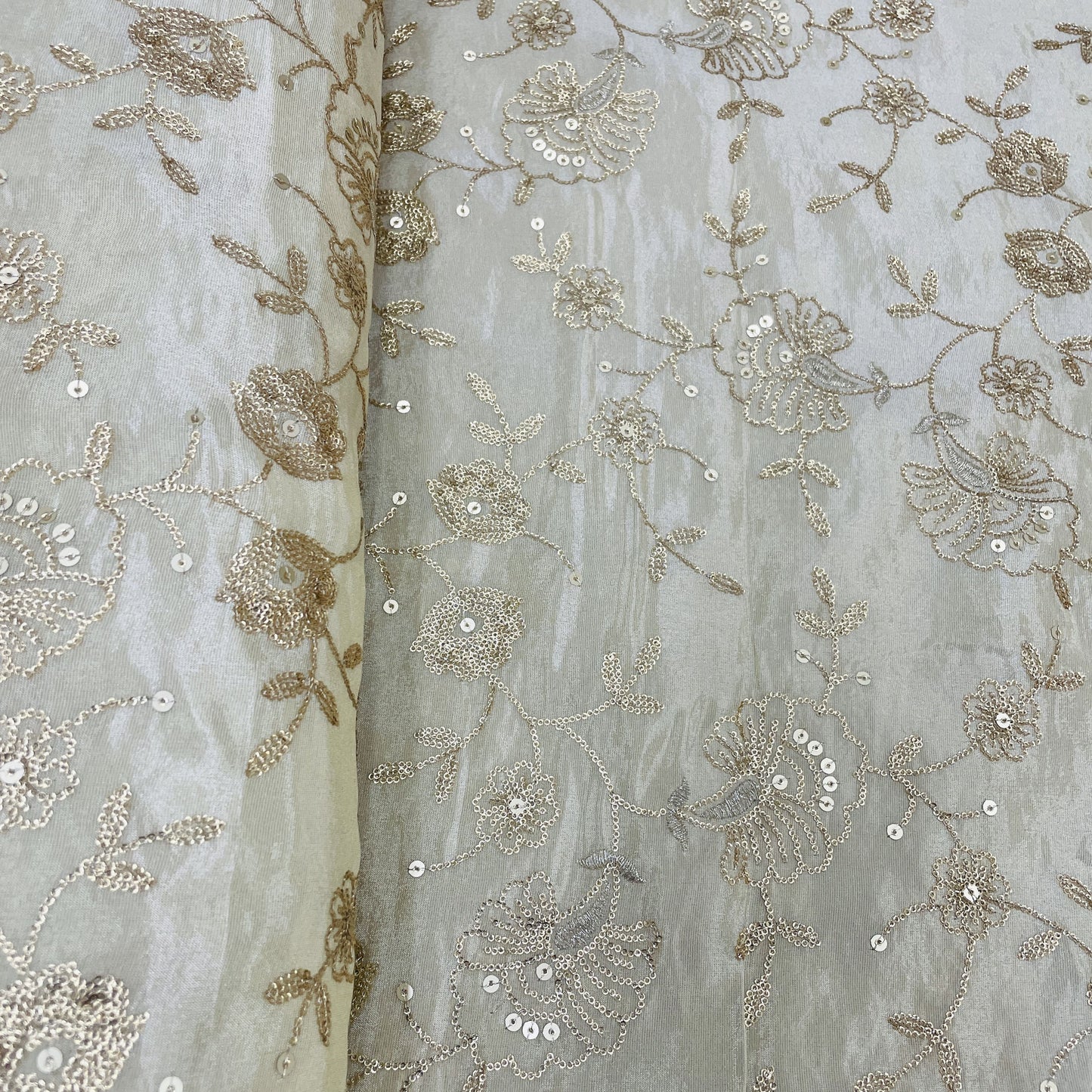 Classic Golden Floral Sequence Viscose Tissue Fabric