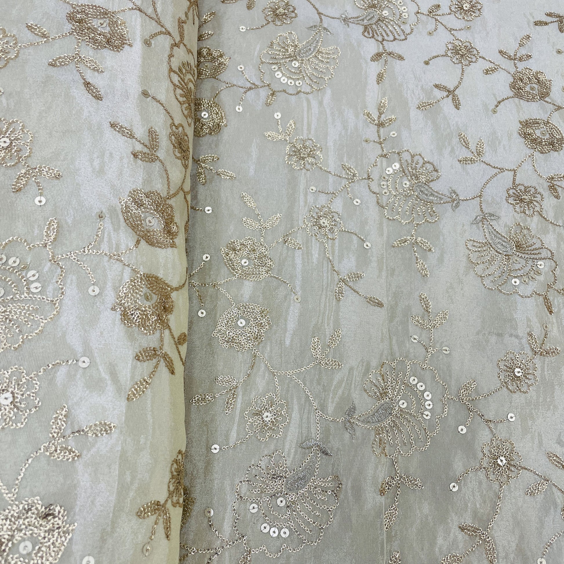 Classic Golden Floral Sequence Viscose Tissue Fabric