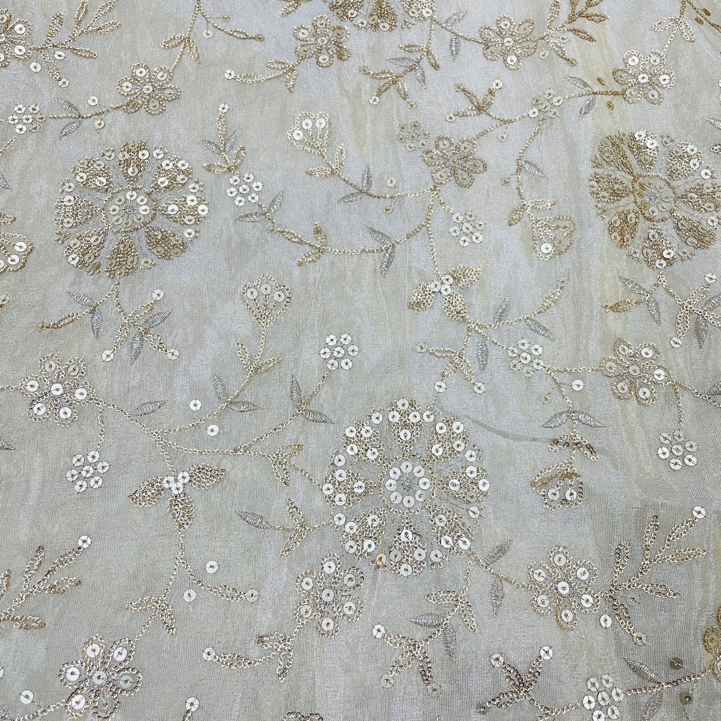 Classic Golden Floral Zari Sequence Viscose Tissue Fabric