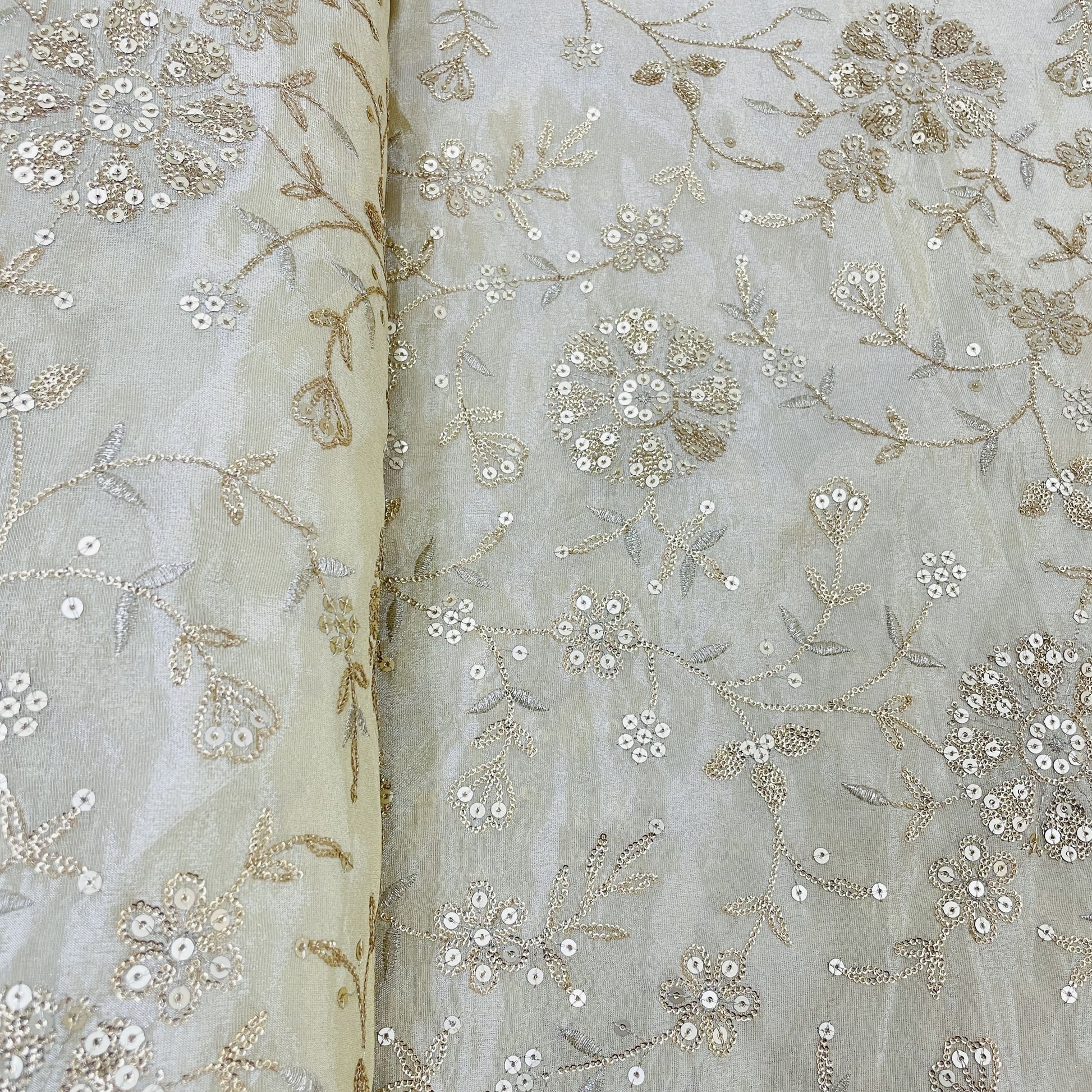 Classic Golden Floral Zari Sequence Viscose Tissue Fabric