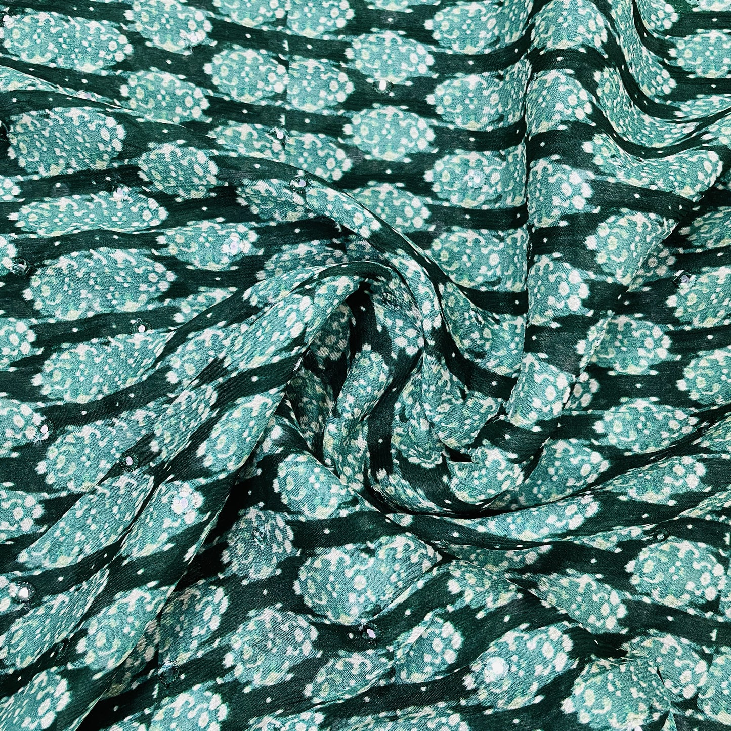 Classic Green Stripes Mirror Embroidery Chinnon Fabric