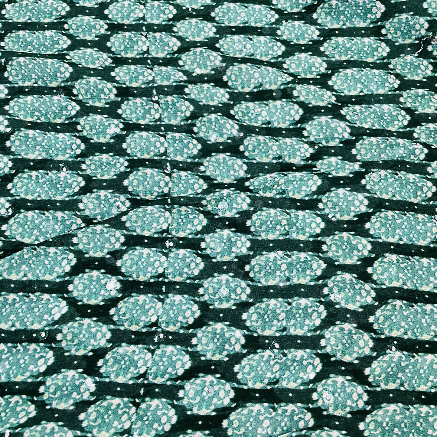 Classic Green Stripes Mirror Embroidery Chinnon Fabric