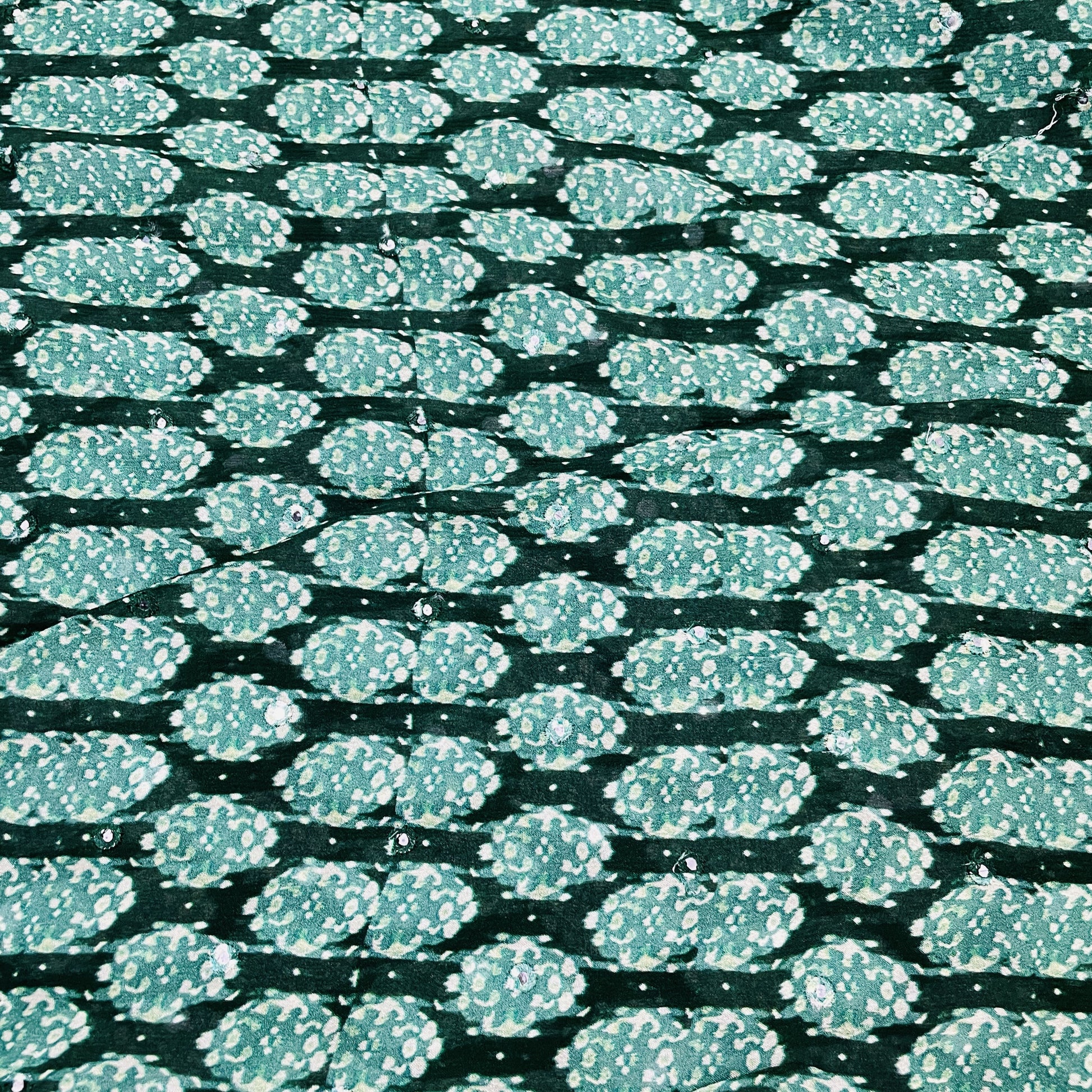 Classic Green Stripes Mirror Embroidery Chinnon Fabric