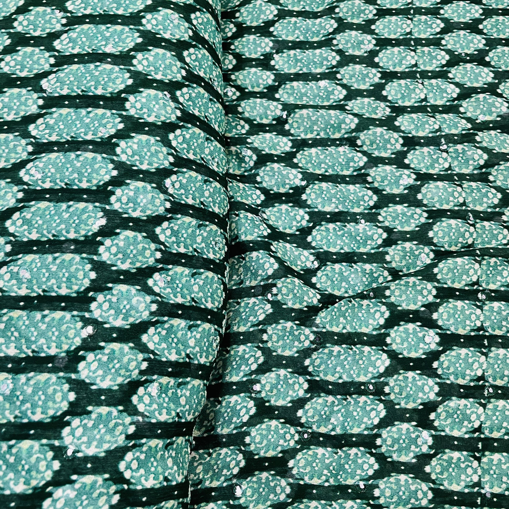 Classic Green Stripes Mirror Embroidery Chinnon Fabric