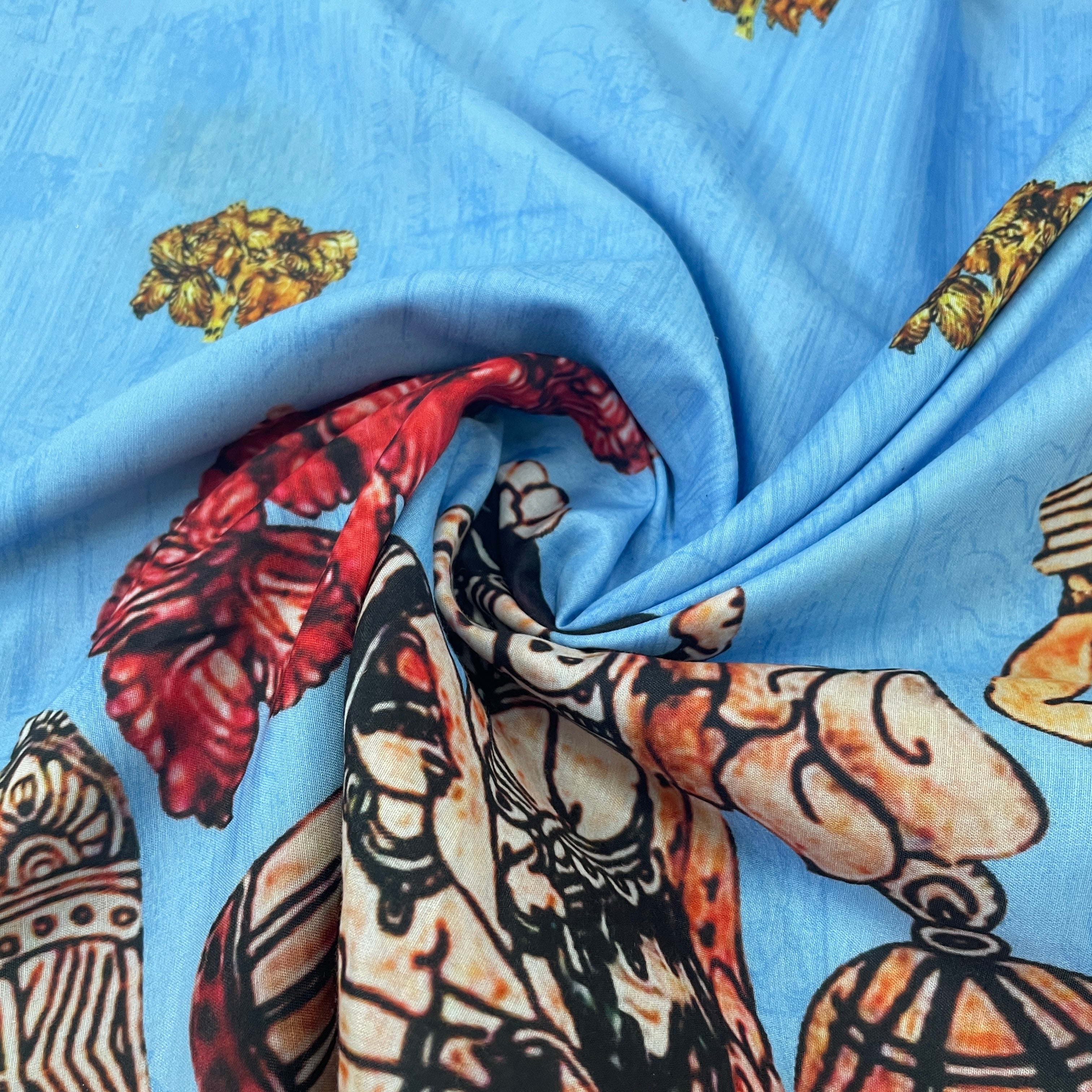 Sky Blue Madhubani Print Cotton Satin Fabric