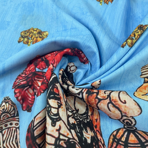 Sky Blue Madhubani Print Cotton Satin Fabric