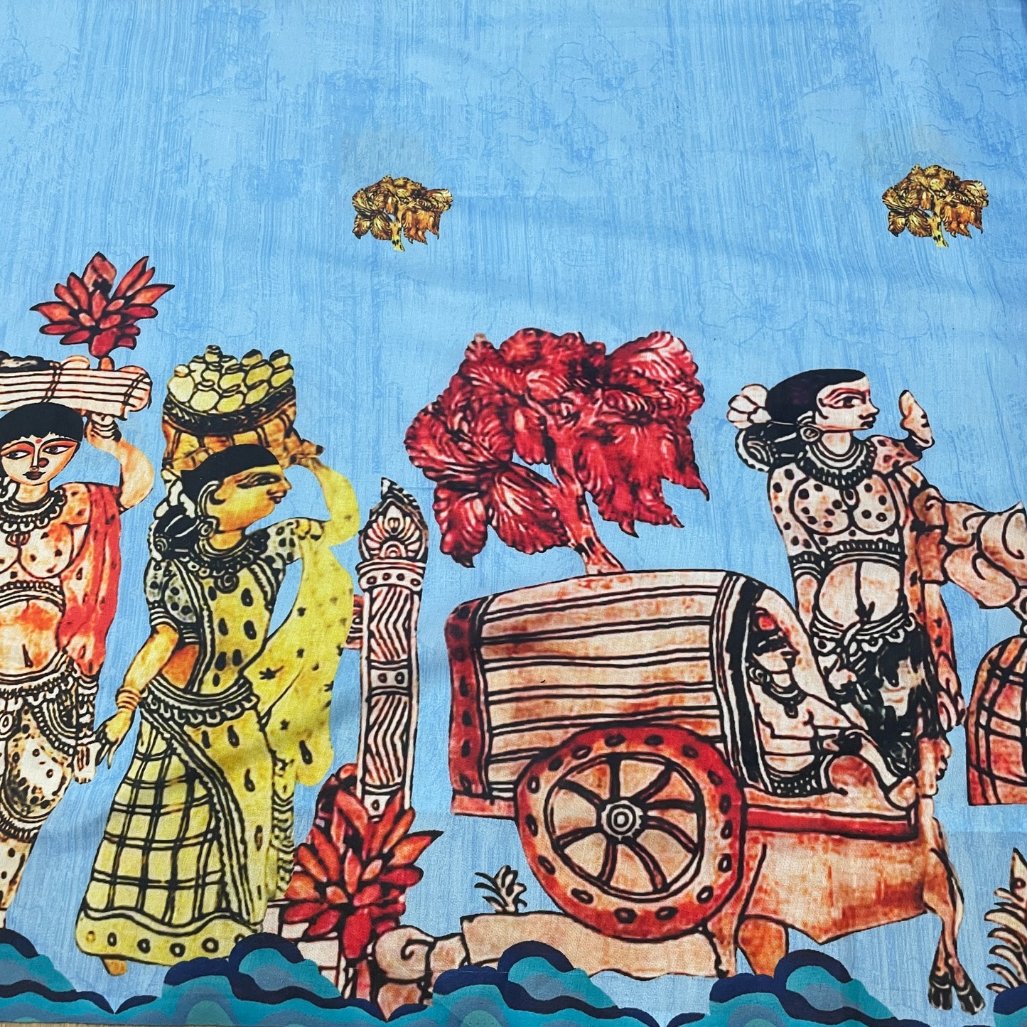 Sky Blue Madhubani Print Cotton Satin Fabric