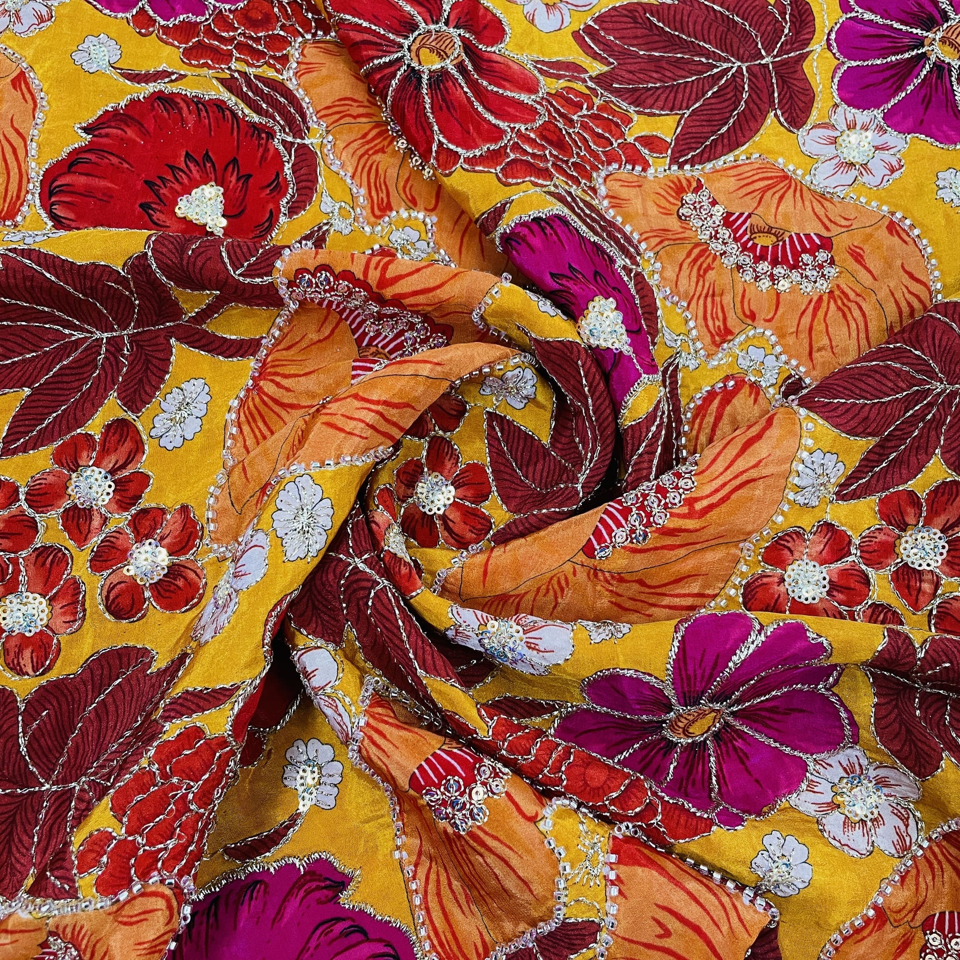 classic mustard yellow multicolor floral sequence pearl embroidery natural crepe fabric