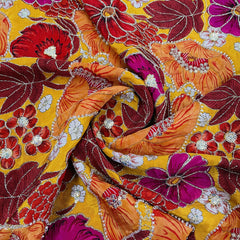 classic mustard yellow multicolor floral sequence pearl embroidery natural crepe fabric