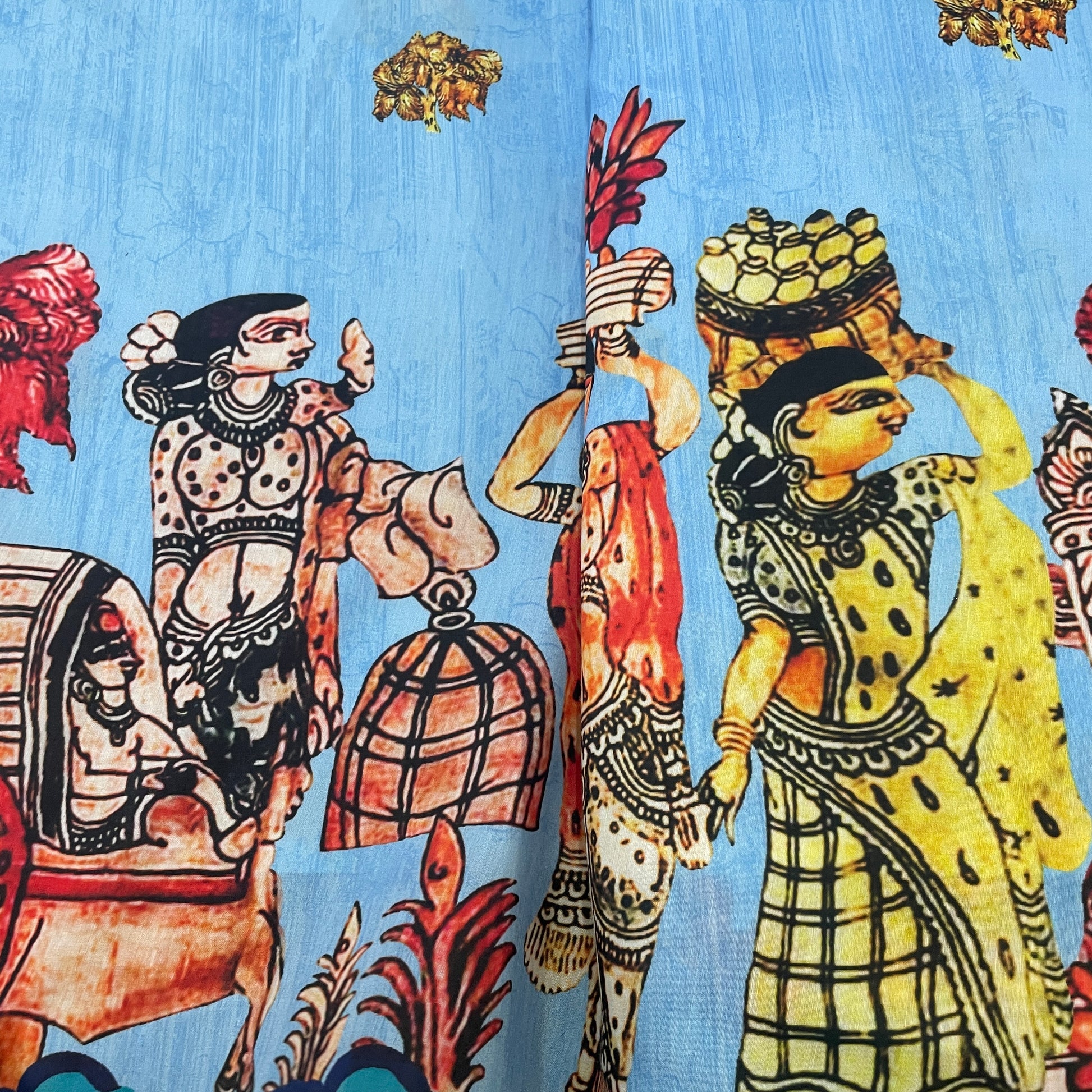 Sky Blue Madhubani Print Cotton Satin Fabric