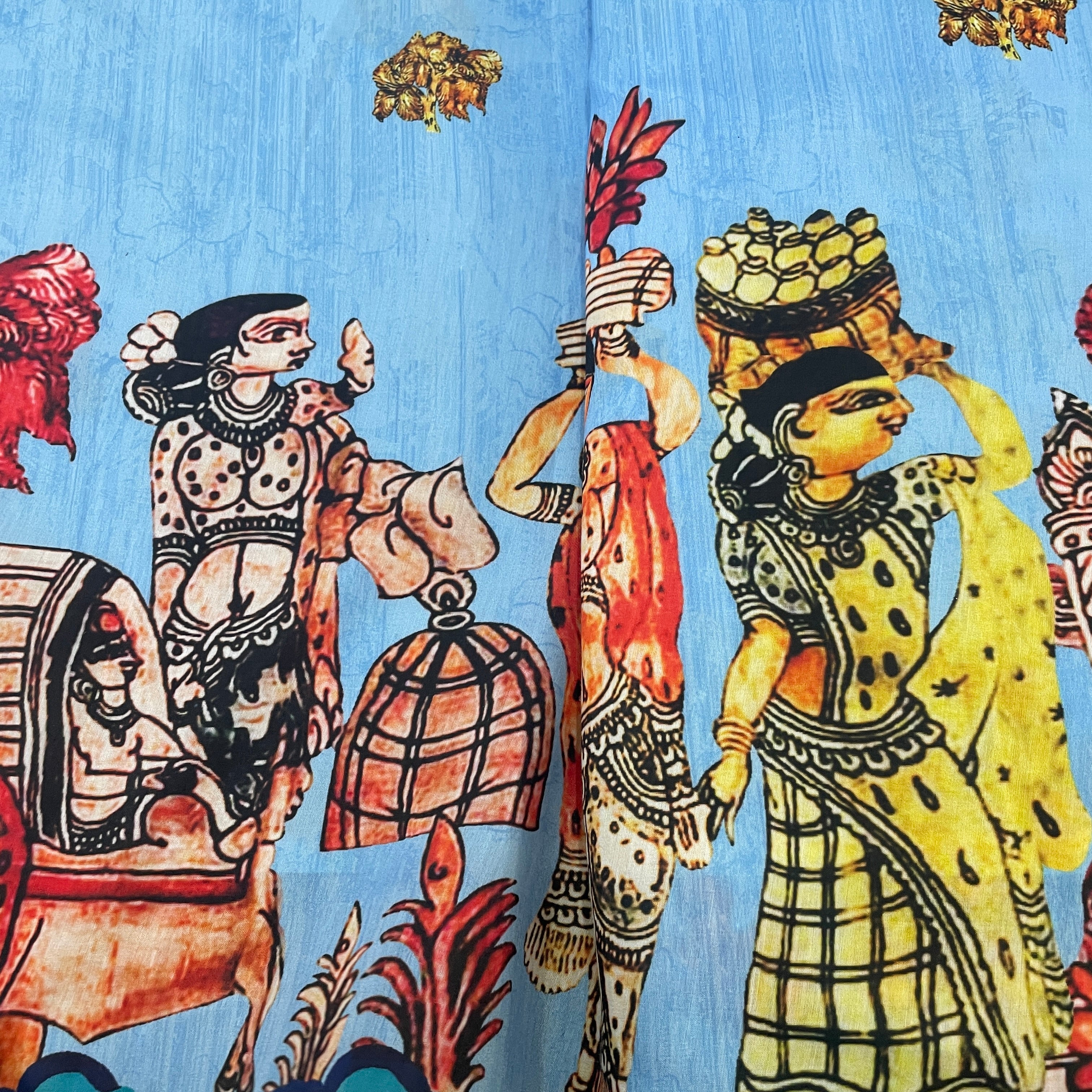 Sky Blue Madhubani Print Cotton Satin Fabric