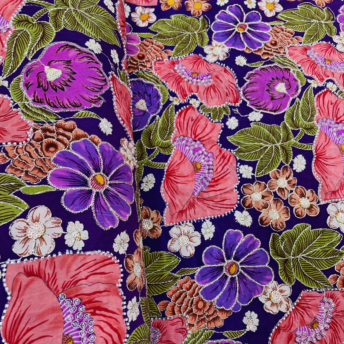 Classic Purple Multicolor Floral Sequence Pearl Embroidery Natural Crepe Fabric