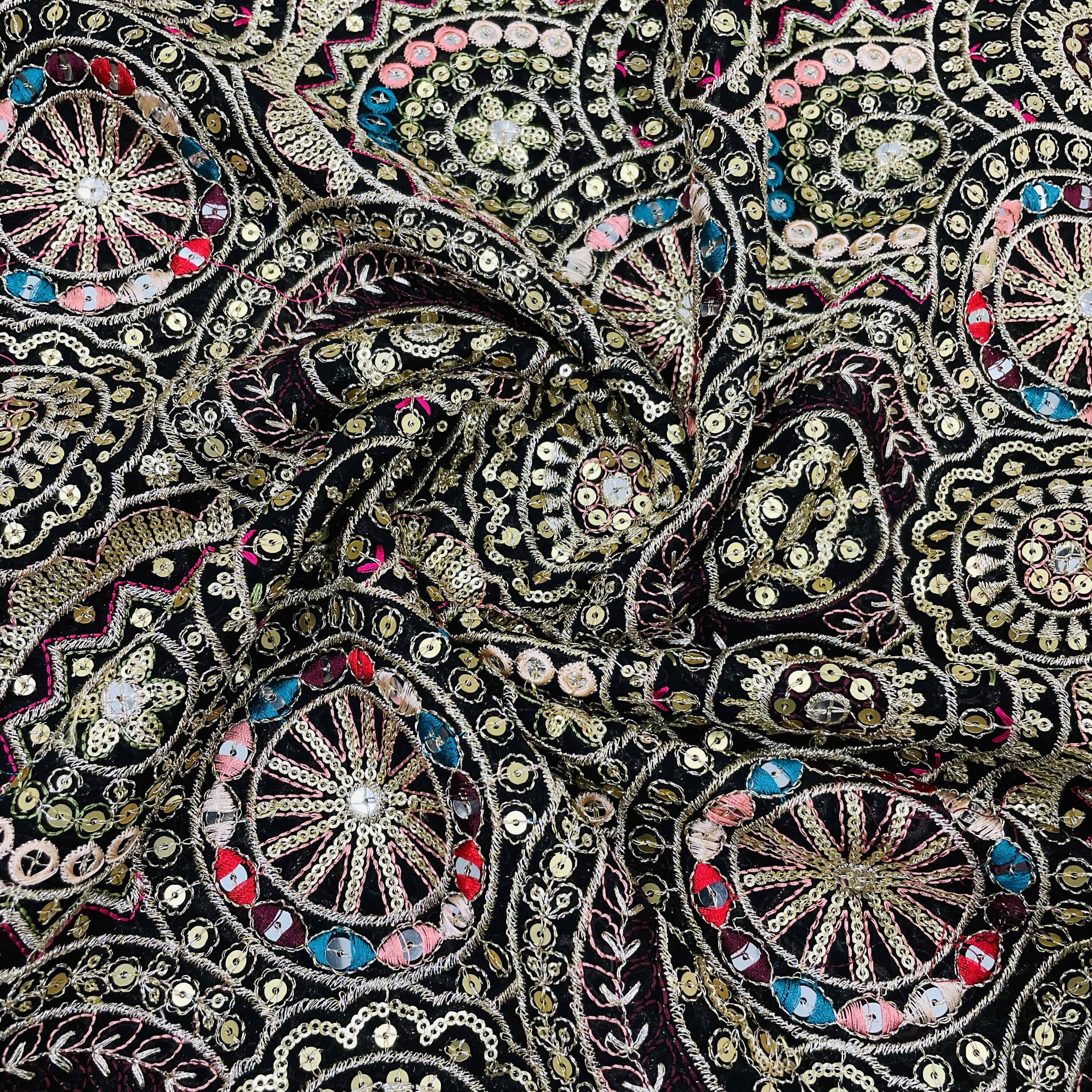 Classic Black Zari Sequence Embroidery Georgette Fabric