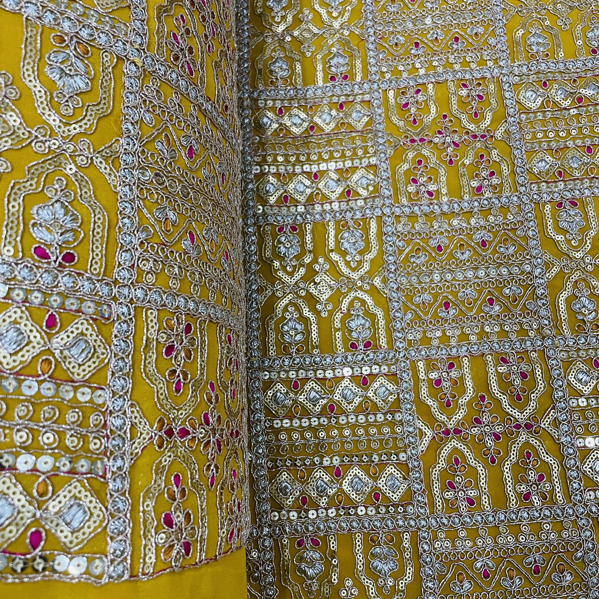 Classic Haldi Yellow Traditional Zari Sequence Embroidery Georgette Fabric