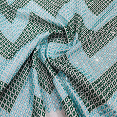 Sea Blue & Dark Green Chevron Mirror Embroidery Georgette Fabric