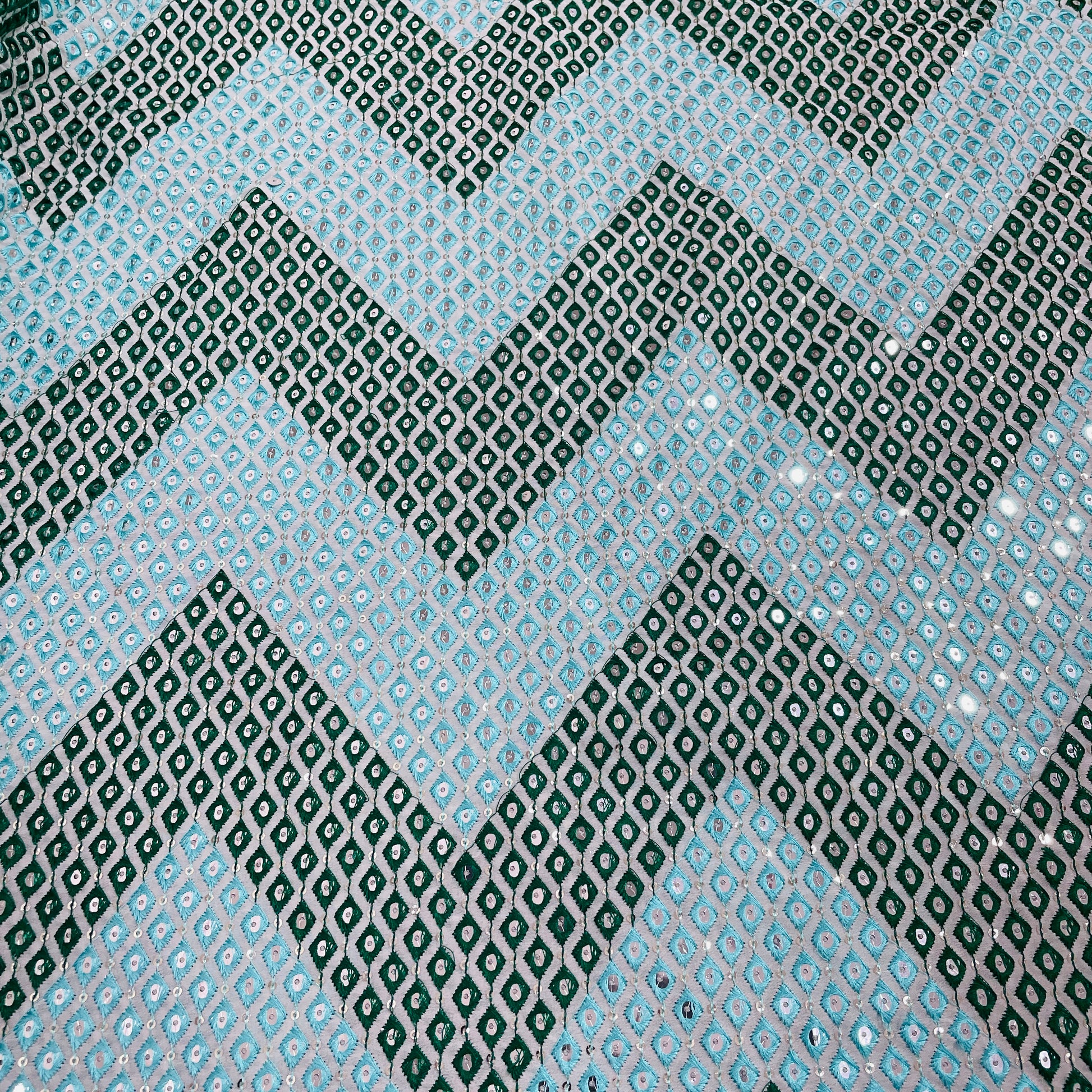 Sea Blue & Dark Green Chevron Mirror Embroidery Georgette Fabric