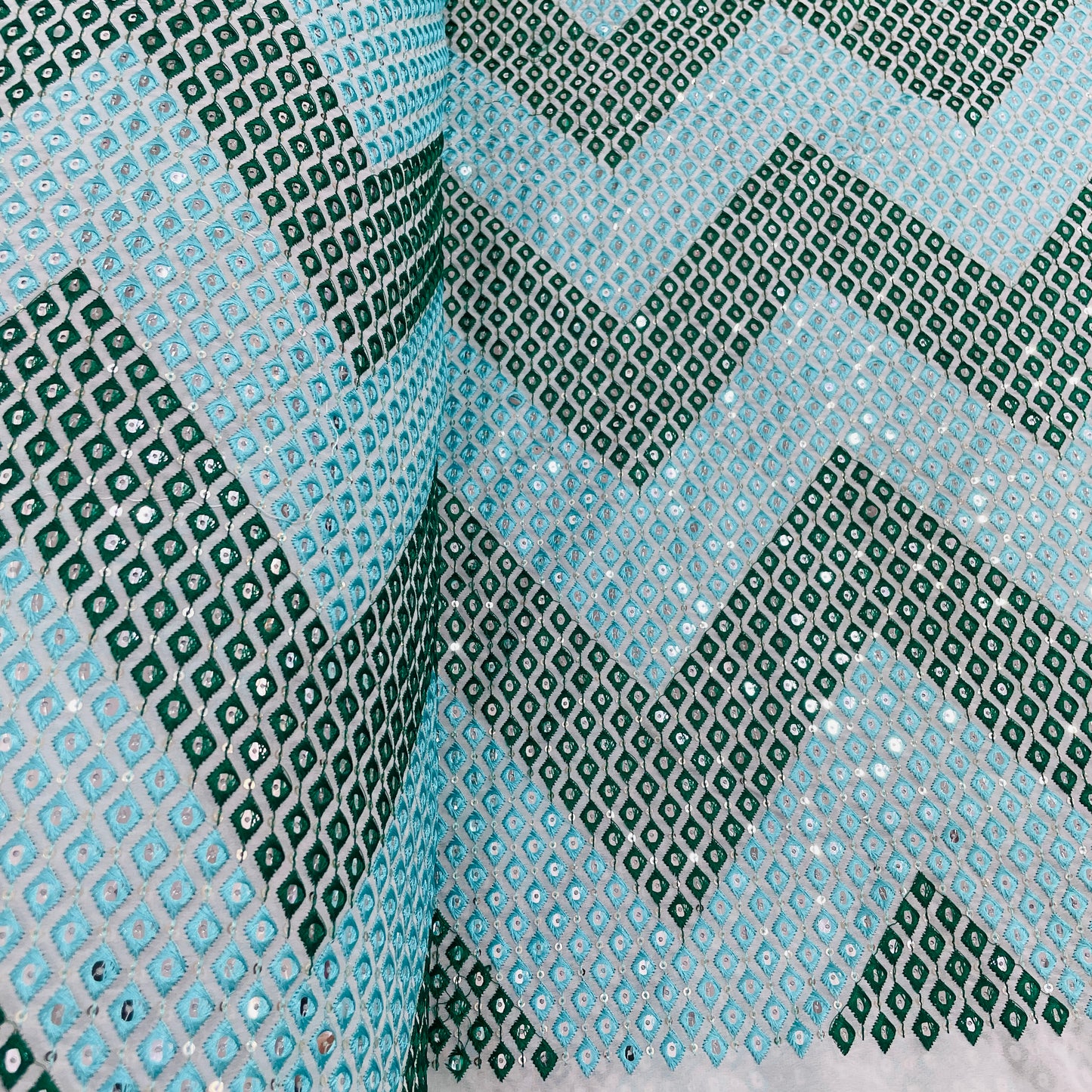 Sea Blue & Dark Green Chevron Mirror Embroidery Georgette Fabric