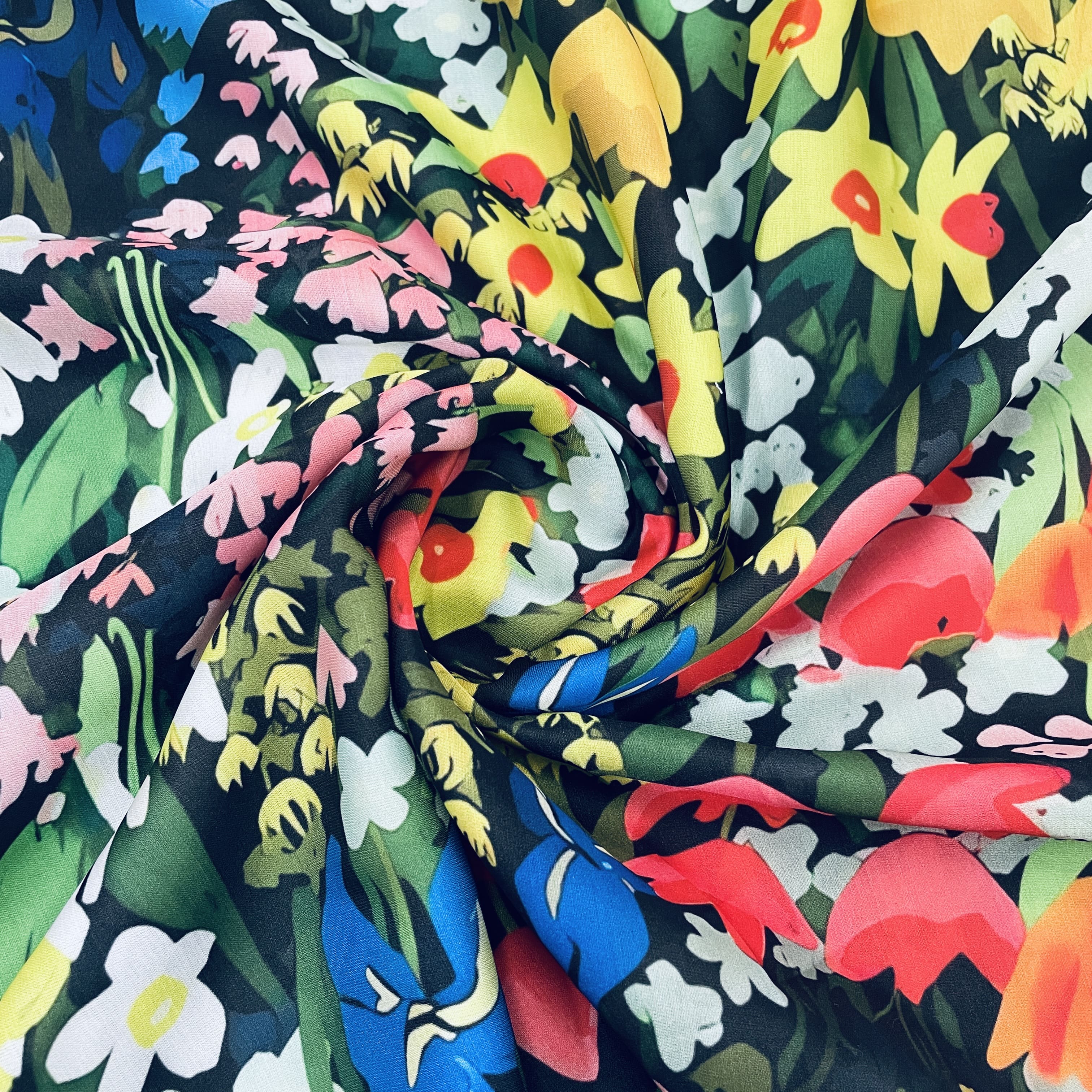 Classic Black Floral Print Modal Satin Fabric