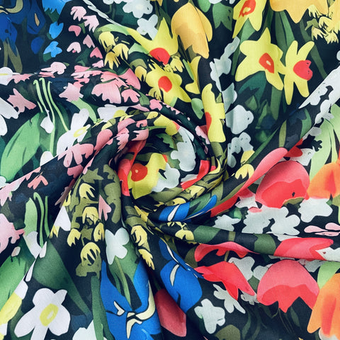 Classic Black Floral Print Modal Satin Fabric