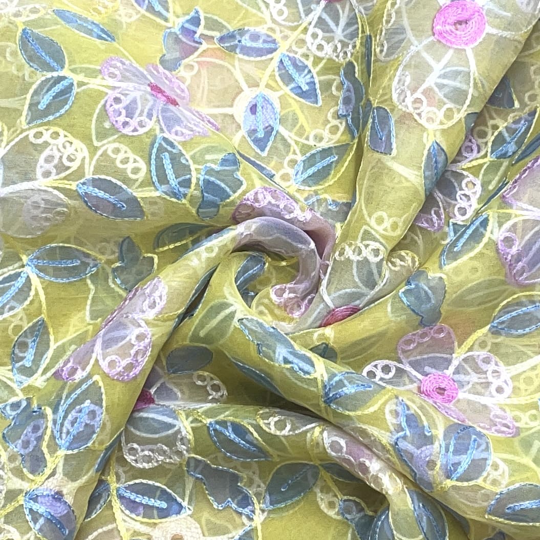Classic Yellow Professional Print Thread Embroidery Organza Fabric