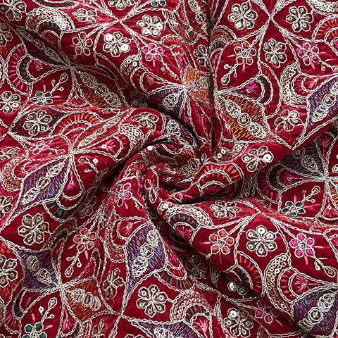 Classic Red Traditional Sequence Embroidery Velvet Fabric