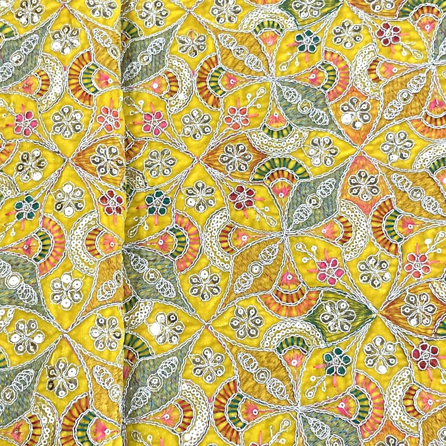 Classic Yellow Traditional Sequence Embroidery Velvet Fabric