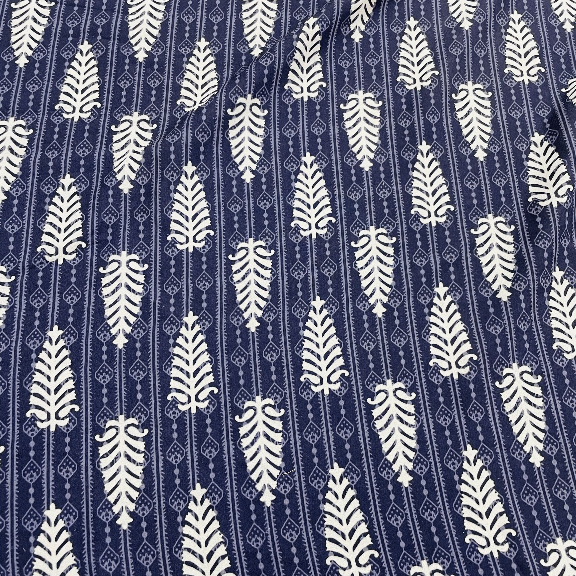 Dark Blue & White Floral Print Crepe Fabric