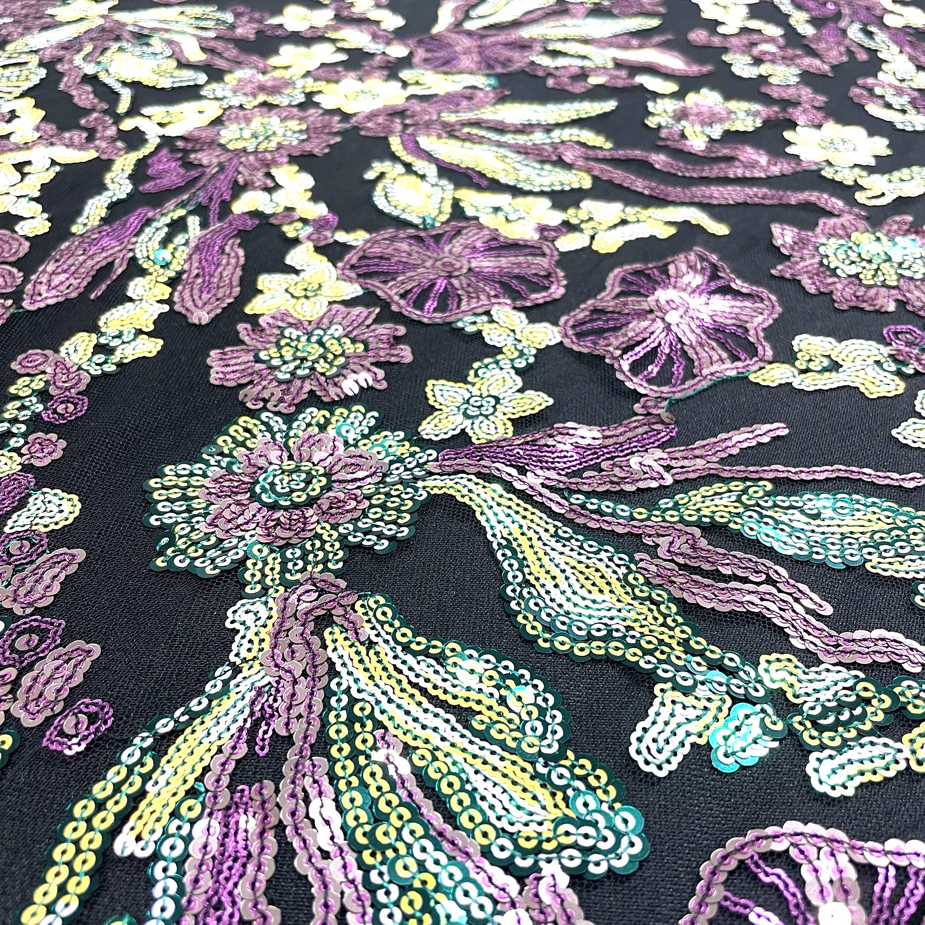 premium black mulitcolor floral sequence thread embroidery net fabric 1