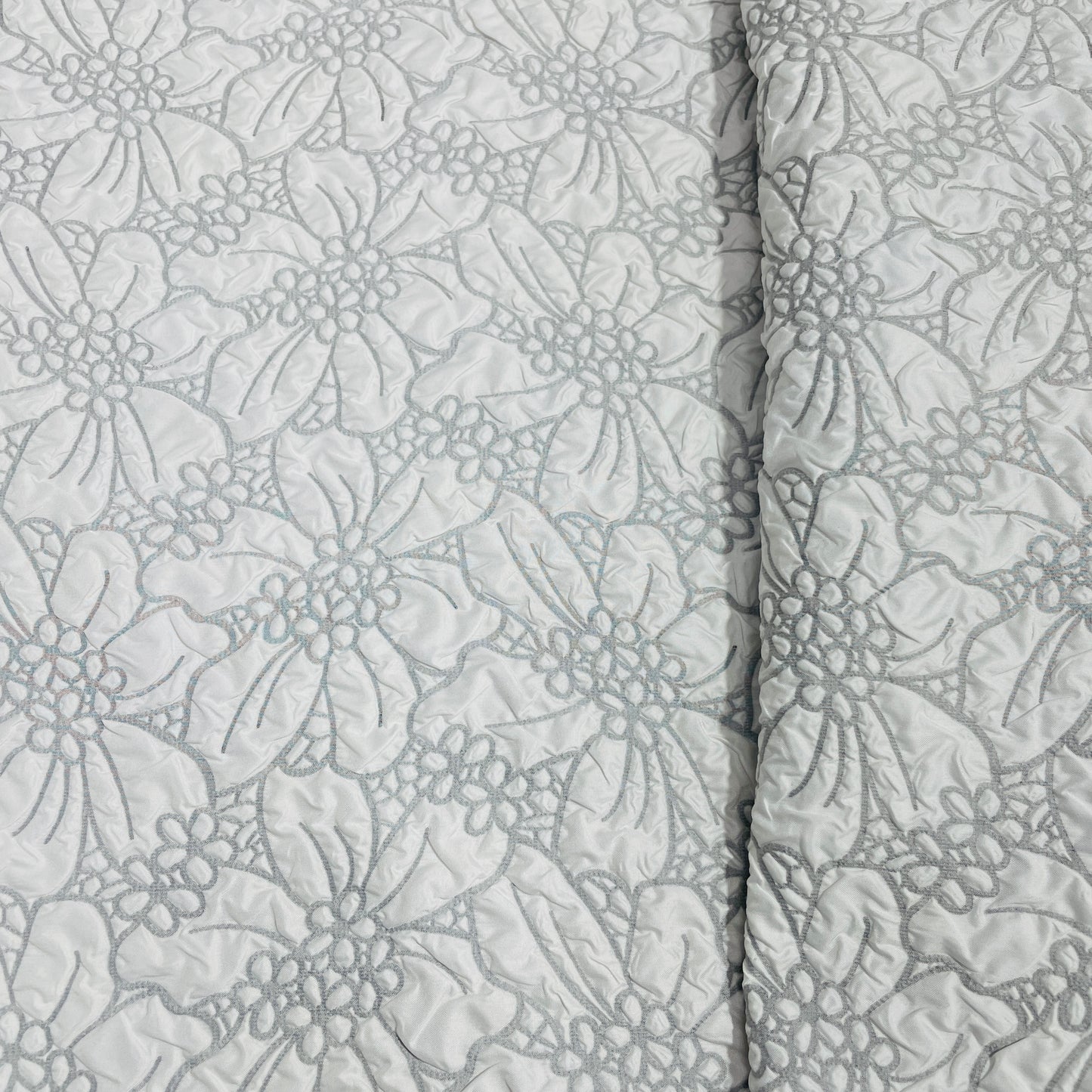White Black Floral Print Embossed Imported Satin Fabric - TradeUNO