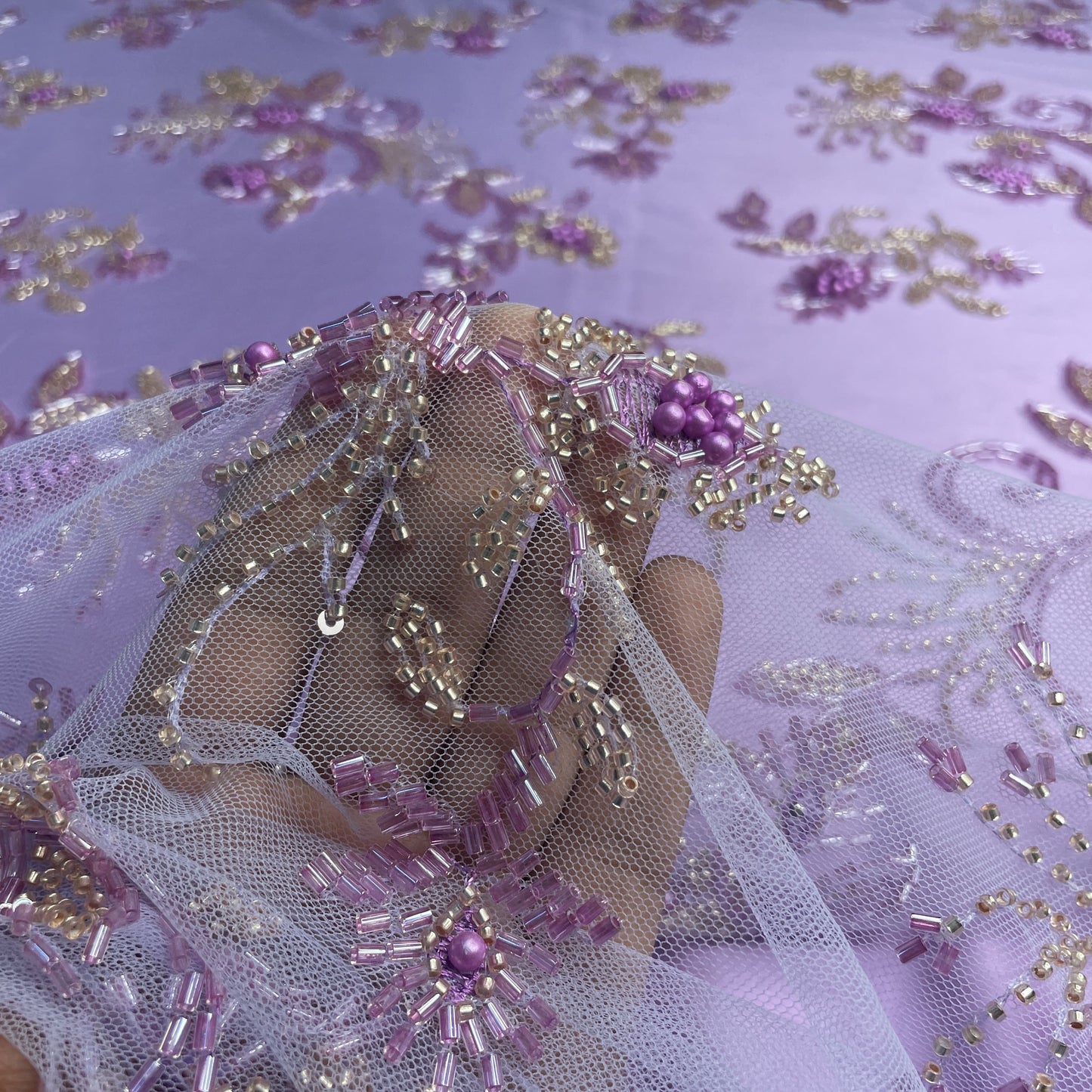 Premium Purple Floral Heavy Pearl Sequins CutDana Embroidery Net Fabric