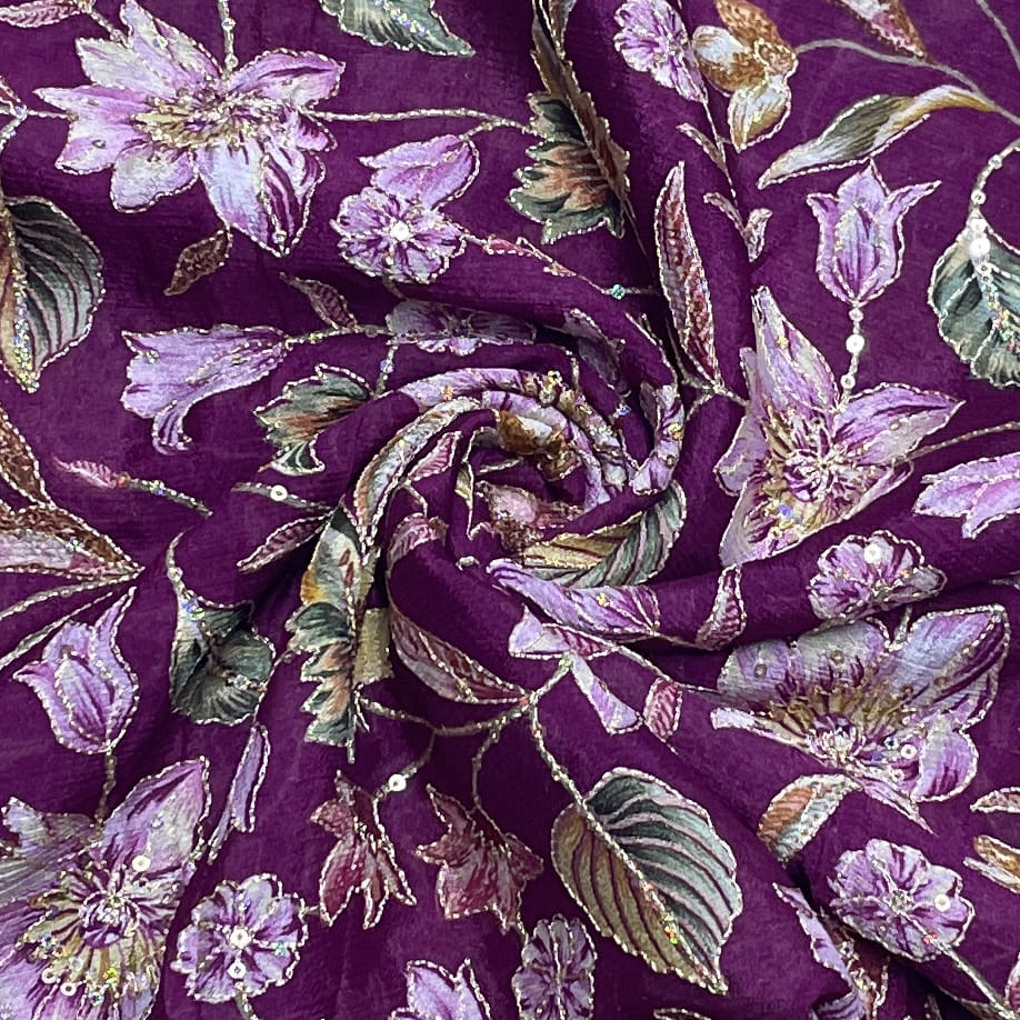 Classic Magenta Pink Floral Print Sequence Embroidery Viscose Chinnon Fabric