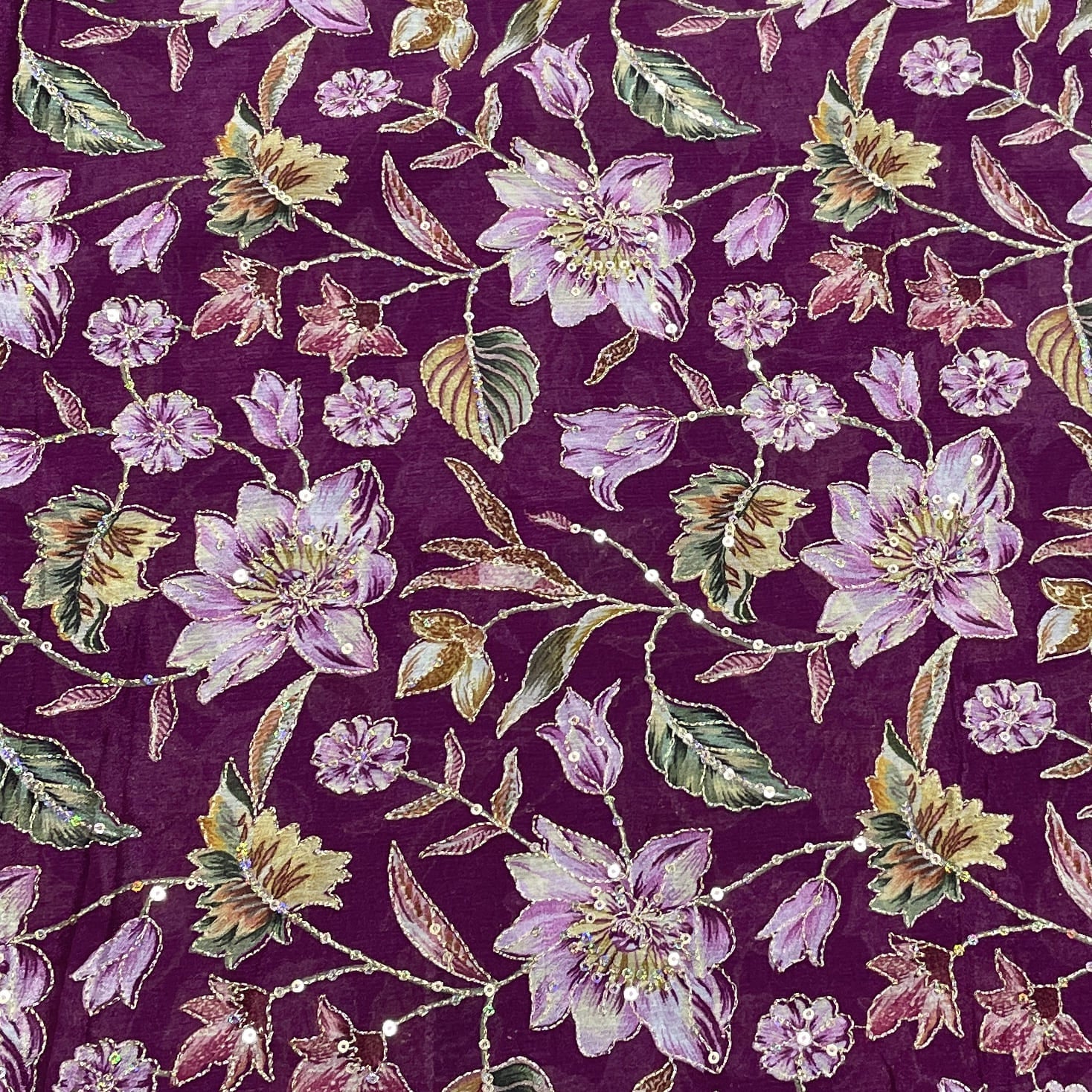 Classic Magenta Pink Floral Print Sequence Embroidery Viscose Chinnon Fabric
