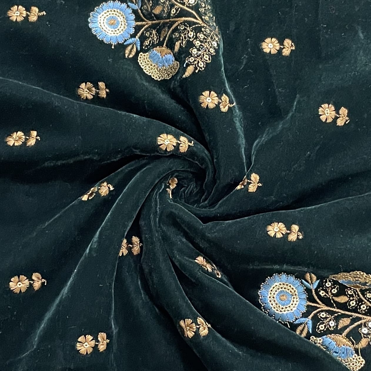Premium Dark Green Floral Sequence Embroidery Velvet Fabric