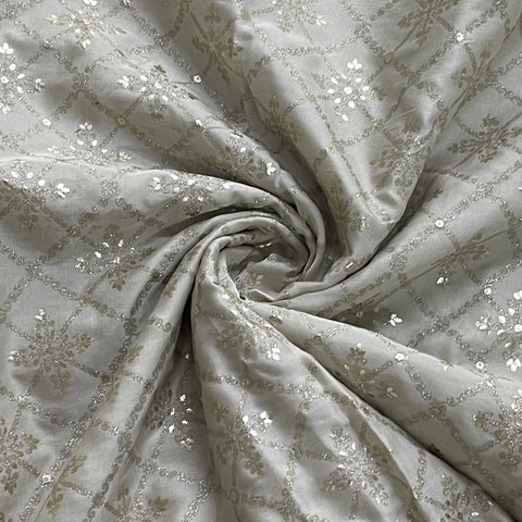 Premium Off White Floral Foil Print Silk Fabric