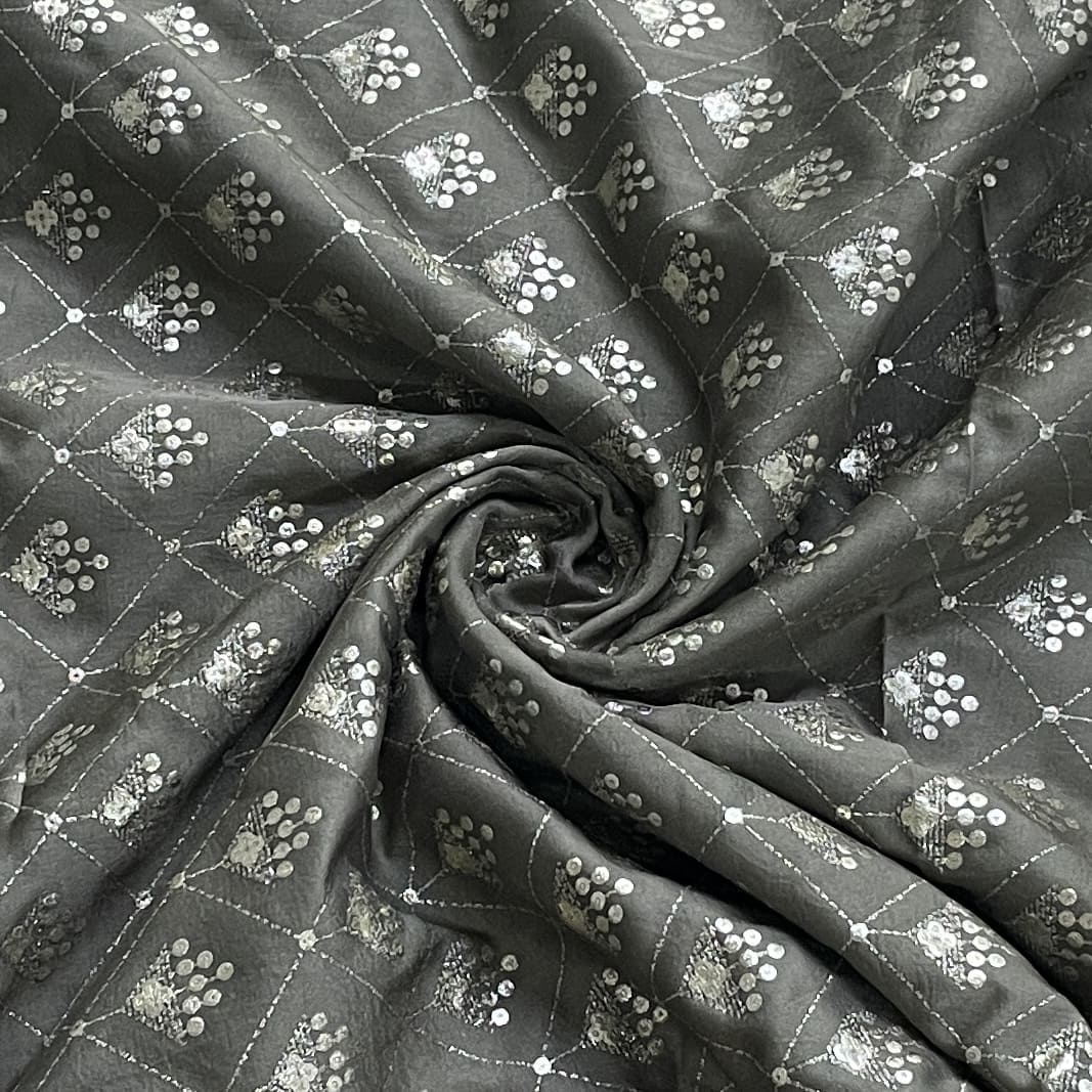 Premium Grey Buti Floral Foil Print Silk Fabric