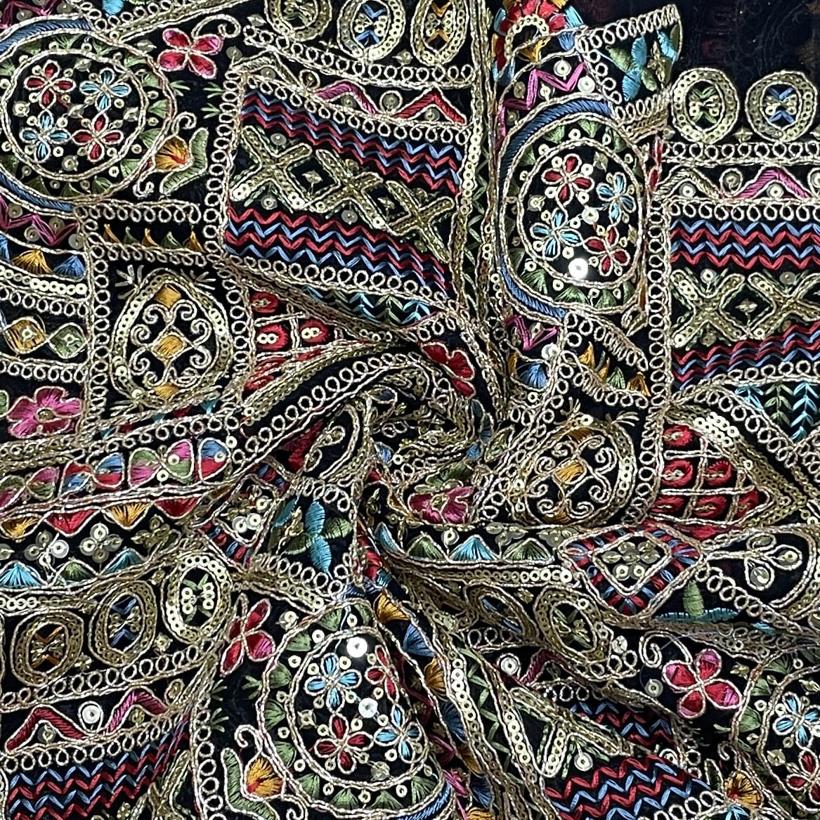 Premium Black Traditional Zari Sequence Embroidery Georgette Fabric