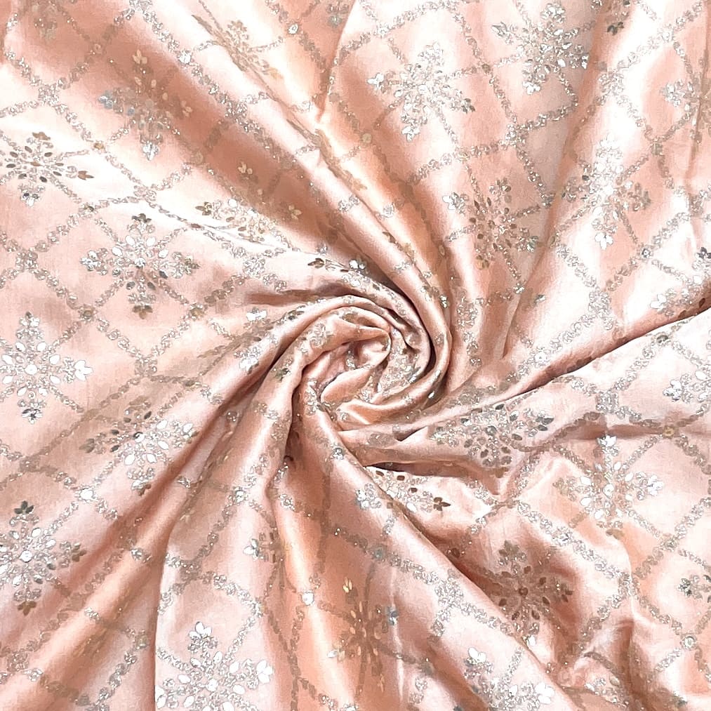 Premium Light Orange Floral Foil Print Silk Fabric