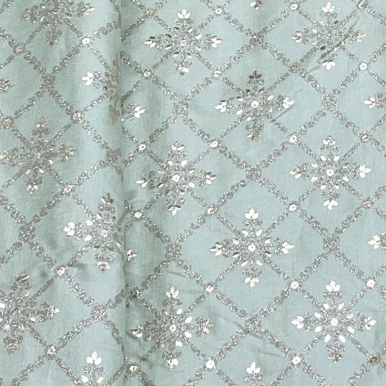 Premium Mint Green Floral Foil Print Silk Fabric