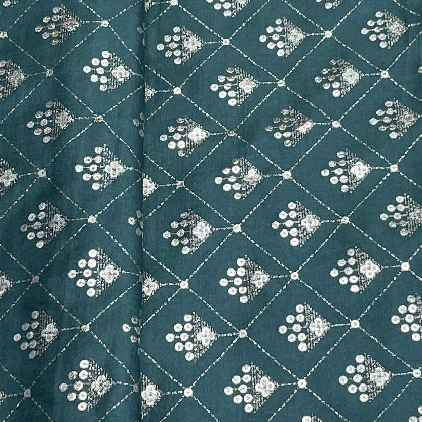 Premium Teal Green Buti Floral Foil Print Silk Fabric