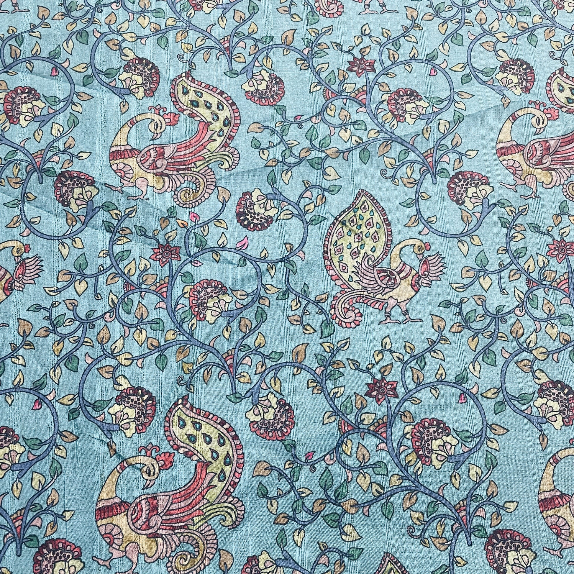 Sea Green & Multicolor Floral Slub Tusser Silk Fabric