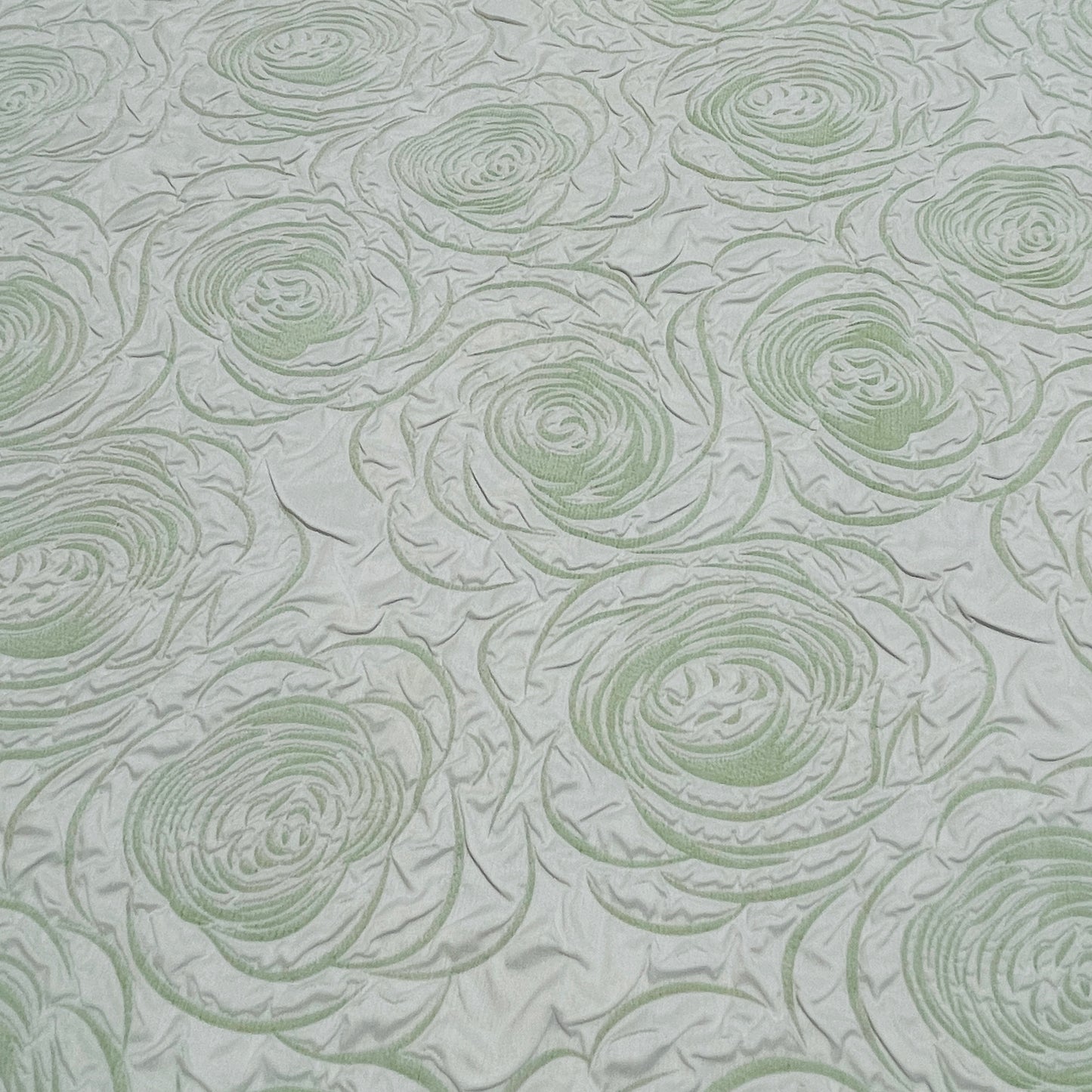 White Green Floral Print Embossed Imported Satin Fabric - TradeUNO