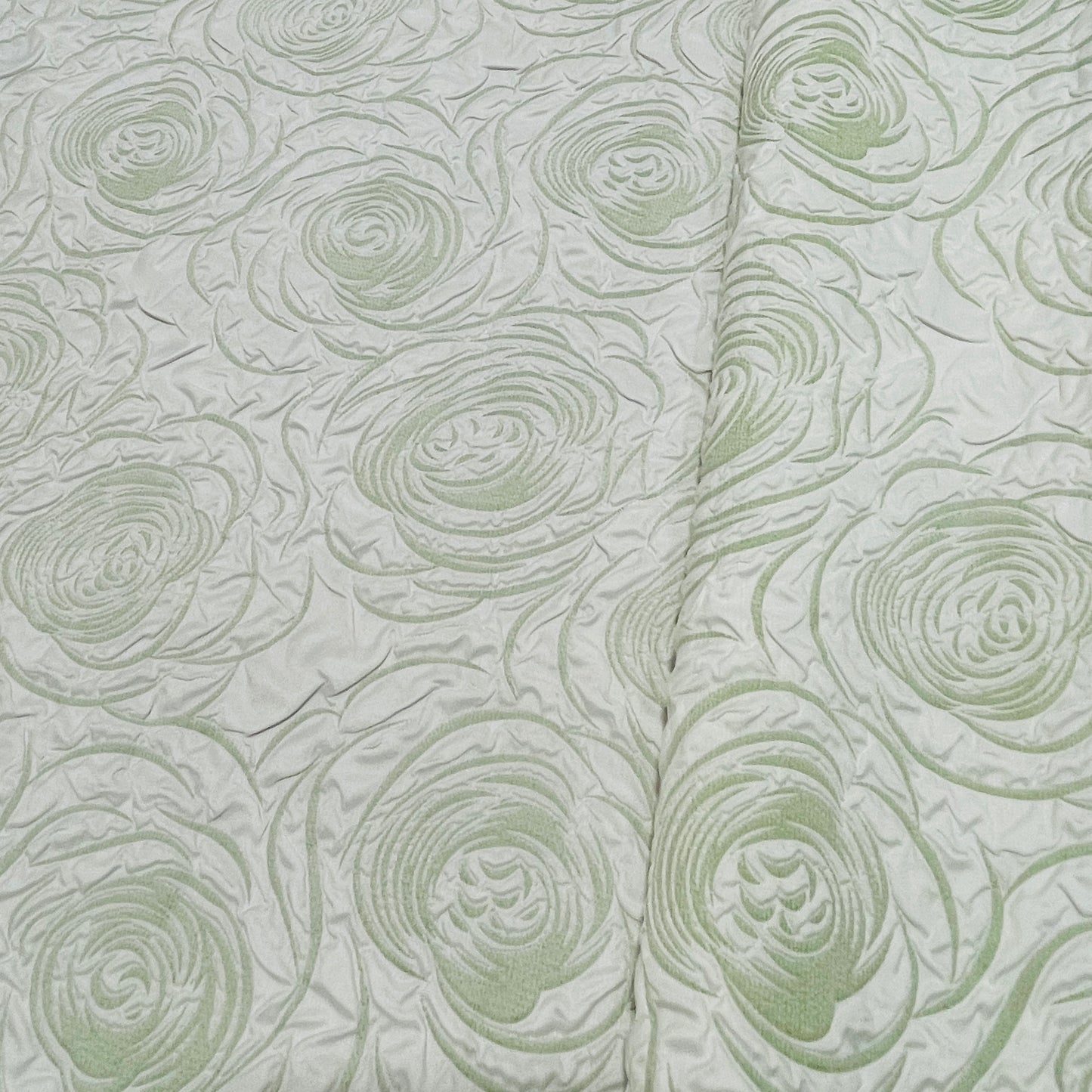 White Green Floral Print Embossed Imported Satin Fabric - TradeUNO